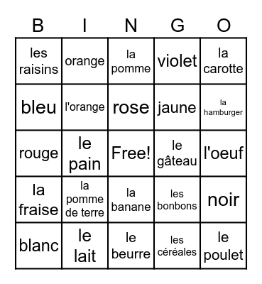 French foods and colors Bingo Card