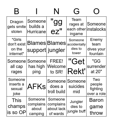 League SR Bingo Card