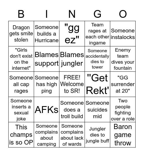 League SR Bingo Card