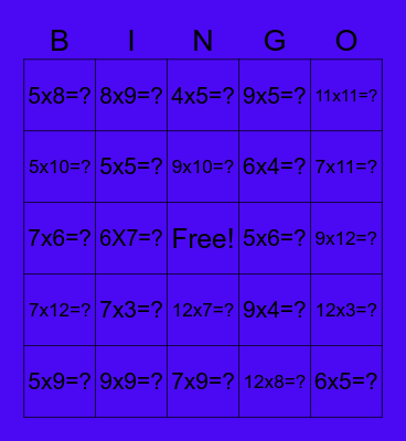 5th Grade Multiplication Bingo Card