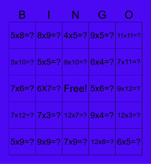 5th Grade Multiplication Bingo Card