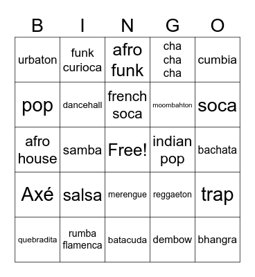 Zoom Zumba Bingo Card