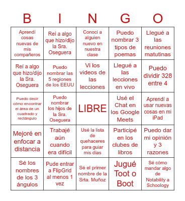 Clase de Sra. Oseguera/Srta. Muñoz Bingo Card