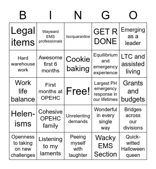 OPEHC Kudos Bingo Card