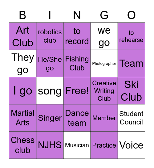 Extra Curricular Activities Bingo Card
