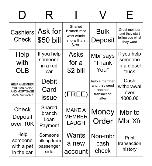 Drive Thru Bingo Card
