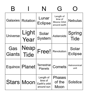 Earth's Place VOCAB Review Bingo Card