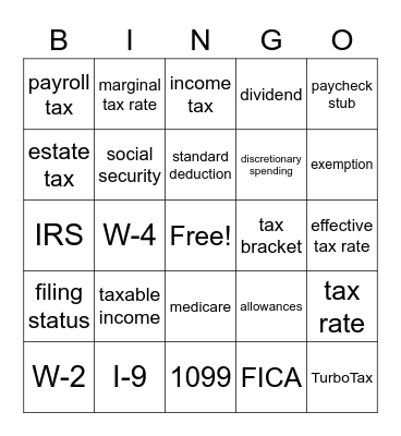 Tax Terms Bingo Card