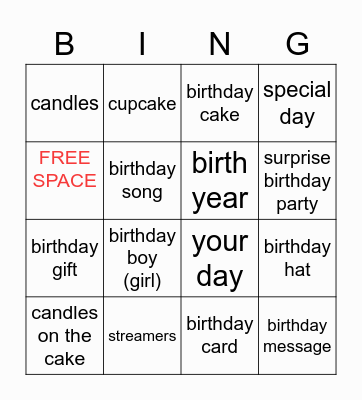 Useful Birthday Vocabulary in English Bingo Card