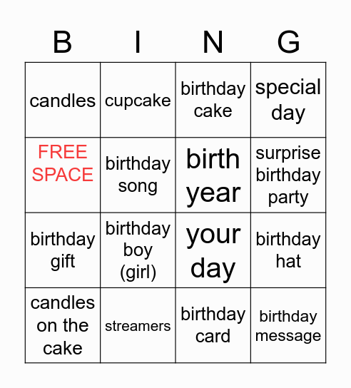 Useful Birthday Vocabulary in English Bingo Card