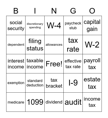 Tax Terms Bingo Card