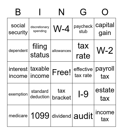 Tax Terms Bingo Card