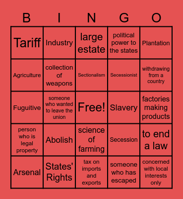 Causes of the Civil War Bingo Card