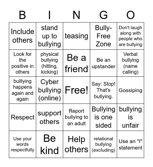 How to handle bullying Bingo Card
