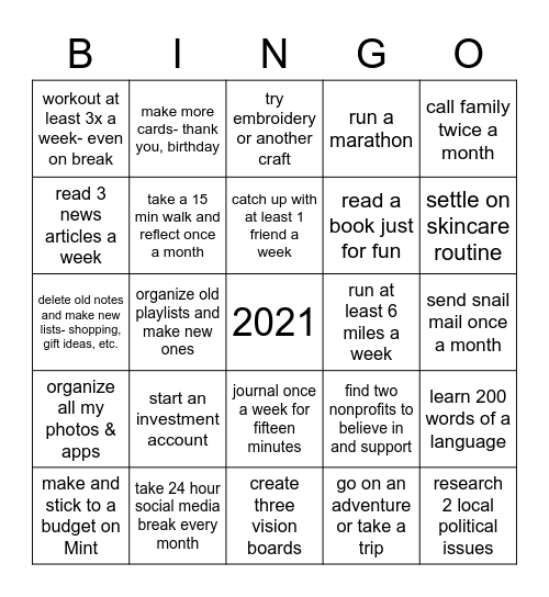 2021 Resolutions Bingo Card