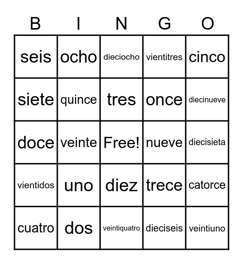 Spanish Numbers Bingo Card