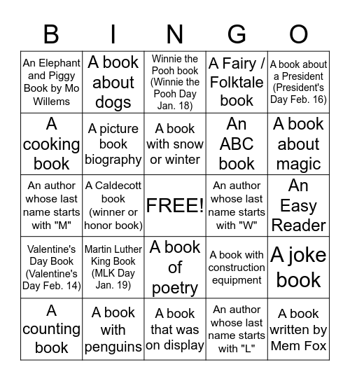 Winter Reading Bingo at Wabasha Public Library Bingo Card