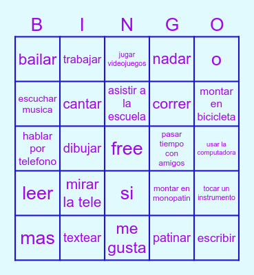 spanish 1A Bingo Card