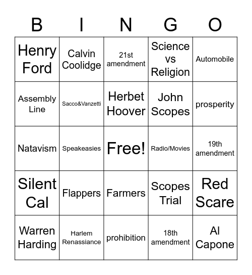 Roaring 20's Bingo Card