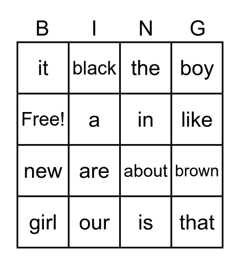 Dolch Sight Words Bingo Card