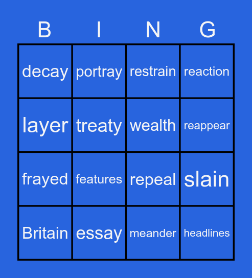 National Reading Vocabulary - Lesson 16 Bingo Card