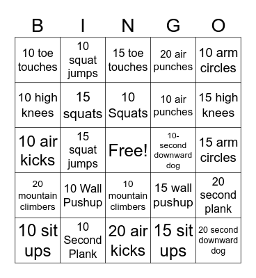 Fitness Bingo Card
