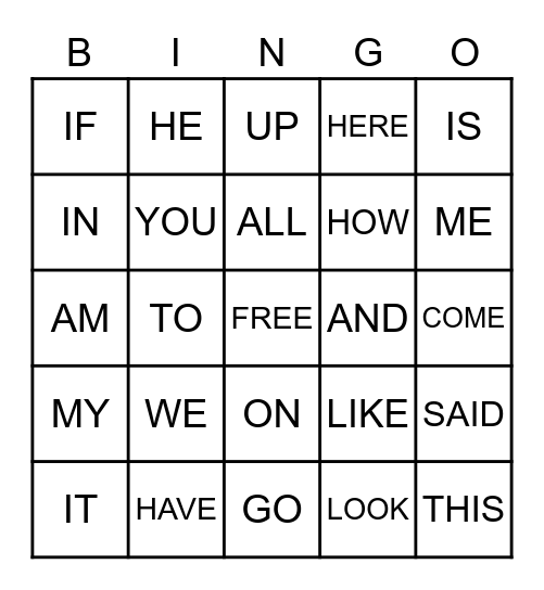 SIGHT WORDS BINGO Card
