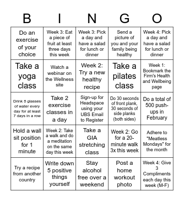 GIA Health and Wellness Bingo Card