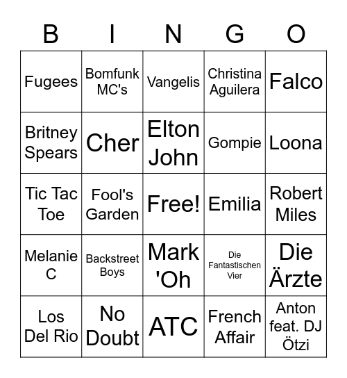 Top Ten 1995 - 2000 Bingo Card