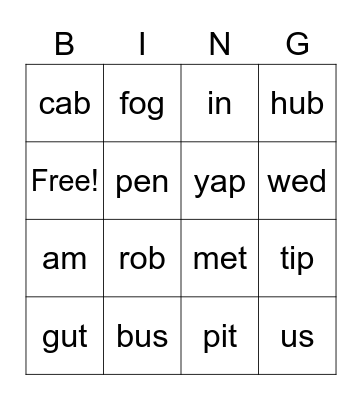 VC and CVC Bingo Card