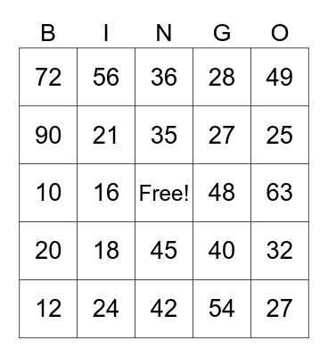 Multiplication Bingo Card