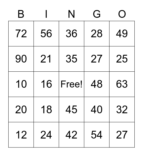 Multiplication Bingo Card