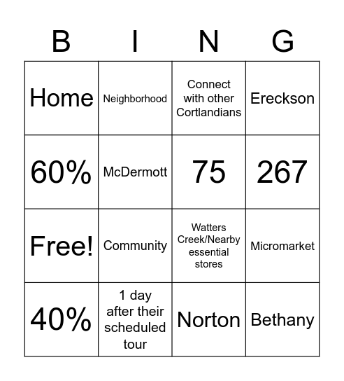 Cortland Watters Creek Bingo Card