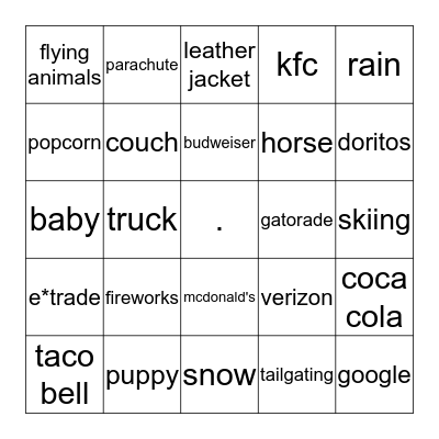 Super Bowl Commercial Bingo Card