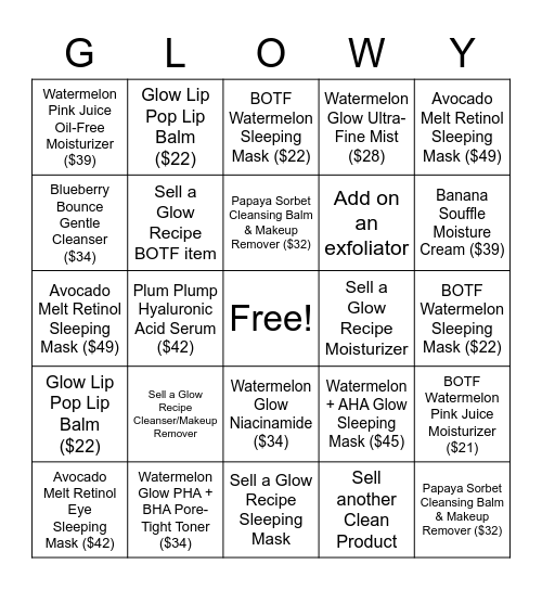 Glow Recipe-o Bingo Card