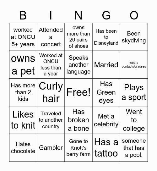 Workplace Bingo Card