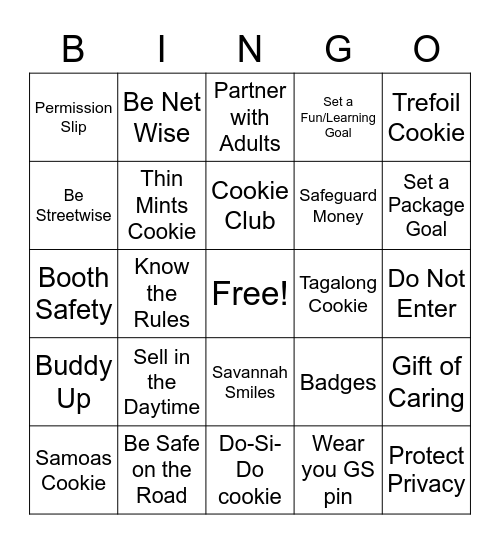 Cookie Safety Bingo Card