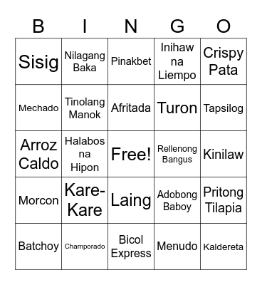 Filipino Food Bingo Card