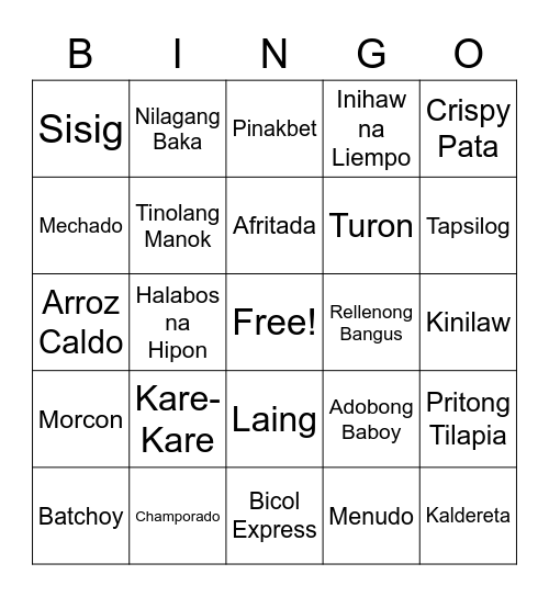 Filipino Food Bingo Card