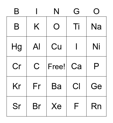 Periodic Table Bingo Card