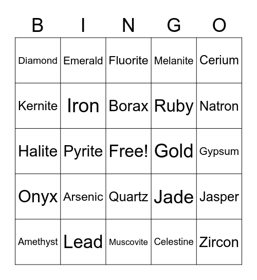 Science Minerals Project: Bingo 1 Bingo Card
