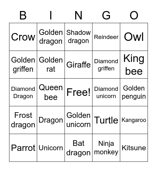 Legendary pets Bingo Card