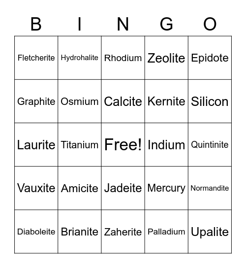 Science Minerals Project: Bingo 3 Bingo Card