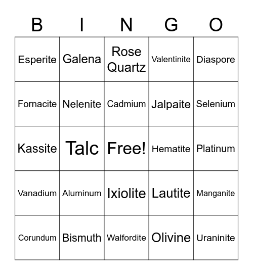 Science Minerals Project: Bingo 4 Bingo Card