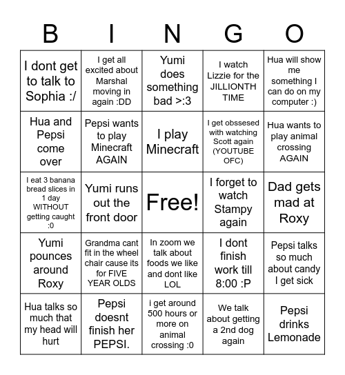 My week guesses Bingo Card