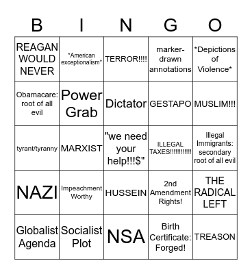 Dear Fellow American, Bingo Card