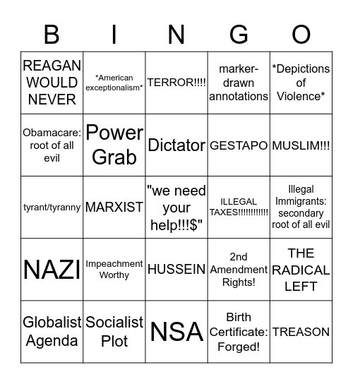 Dear Fellow American, Bingo Card