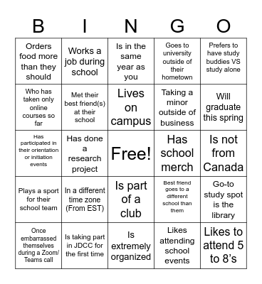 Student Life Bingo Card