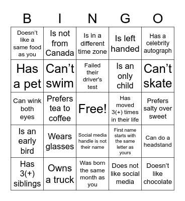 Fun Facts Bingo Card