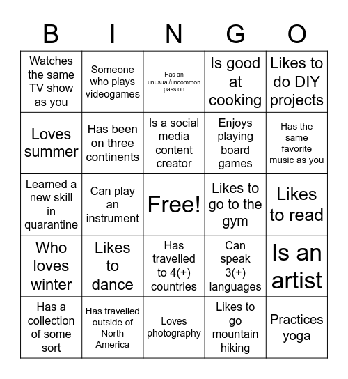 Passions & Interests Bingo Card